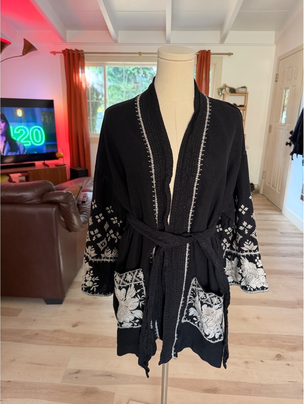 Johnny Was Black Embroidered Kimono with Belt Size M